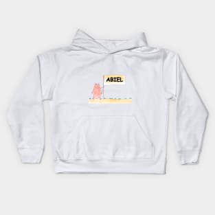 ABIEL name. Personalized gift for birthday your friend. Cat character holding a banner Kids Hoodie